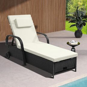 YITAHOME Chaise Lounge Chair with Storage, Wicker Patio Lounge Set with 5-Position Backrest, Rattan Pool Reclining with Headrest, Arm, Cushion, and Wheel for Poolside Balcony Garden(Black+Beige)