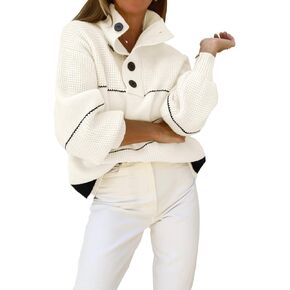 chouyatou Women's Slouchy Waffle Knit Sweater 1/2 Button Polo Collared Pullover Striped Sweater Tops