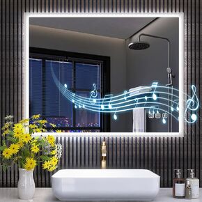 Led-Bathroom-Mirror-with-Lights, 24"X32" Wall-Mounted with 3 Colors Dimmable Light, Bluetooth Speaker, Anti-Fog, Memory, Tempered Glass, Front & Backlit (Horizontal/Vertical)