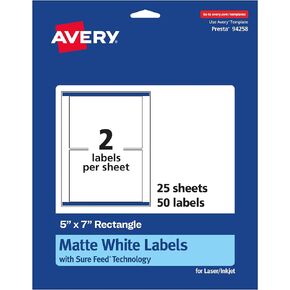 Avery Matte White Rectangle Labels with Sure Feed, 5" x 7", 50 Matte White Printable Labels