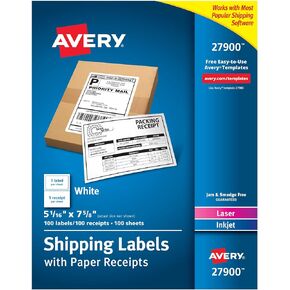 Avery Printable Shipping Labels with Paper Receipts, 5-1/16" x 7-5/8", White, 100 Blank Mailing Labels (27900)