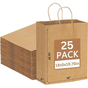 JET PAPER BAGS - Large Brown Paper Bags with Handles 18x5x19.75 Inch [25 Pcs] Prime for Takeout, Grocery, Goody, Retail, Party, Gifts, Weddings - Recyclable Kraft Paper Gift Bags with Handles