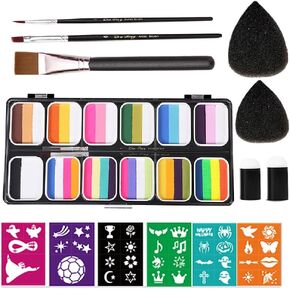 Wiknow Face Painting Kits For Kids Adults12 Split Cake Palette Water Actived Body Paint Makeup Set with Brushes Sponges Stencils Non-Toxic & Washable Suit for Birthday Party