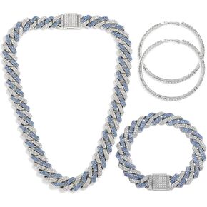 JUNVirtuous Cuban Link Chain for Women,3 Pieces Diamond Cuban Link Chain Necklace Bracelet Earrings Iced Out Chain Silver/Gold Bling Hip Hop Jewelry for Women Girls