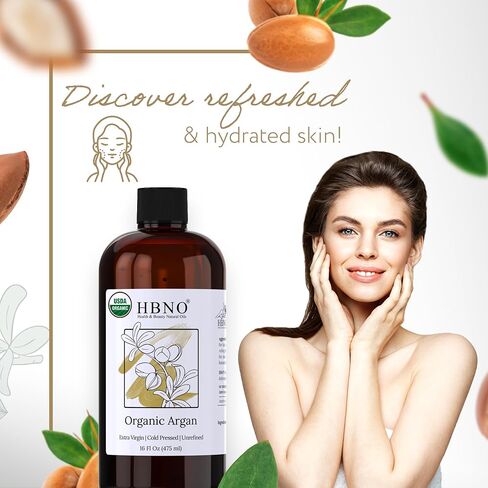 HBNO Organic Argan Oil - Huge 16 oz (475 ml) Value Size - Natural Argan Oil, Cold Pressed - Perfect Carrier Oil for Massage, Aromatherapy, DIY, Soap Making, Face, Body, Lips, Hair, Nails - Argan Oil in Saudi Arabia