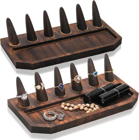 حامل حلقة إصبع خشبي من Noamus مكون من قطعتين، حامل عرض مجوهرات عتيق مع صينية، منظم حلقات على شكل 6 مخروط من خشب الصنوبر، عرض تخزين الخواتم للبيع، معرض بيع بالتجزئة للسيدات، حرفة يدوية الصنع in Kuwait