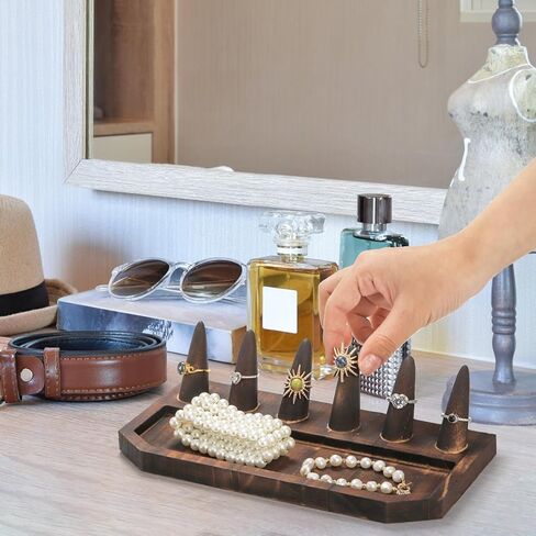 حامل حلقة إصبع خشبي من Noamus مكون من قطعتين، حامل عرض مجوهرات عتيق مع صينية، منظم حلقات على شكل 6 مخروط من خشب الصنوبر، عرض تخزين الخواتم للبيع، معرض بيع بالتجزئة للسيدات، حرفة يدوية الصنع in Kuwait