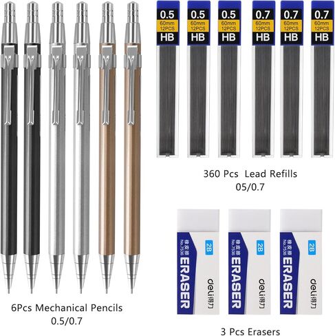 ITAWIXS 6Pcs Metal Mechanical Pencil Set, Aesthetic Mechanical Pencils 0.5 & 0.7 mm with 6 Tubes HB Lead Refills, 3Pcs Erasers, Aesthetic School Supplies for Writing, Drawing, Sketching in Kuwait