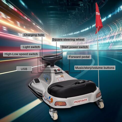Kids Ride on Drift Car, 24V Kids Electric Car with 360°Rotatable Universal Wheels, Off-Road Ride on Toy with Acceleration Pedal, Music, Bluetooth, LED Lights, Flag, Grey in Saudi Arabia