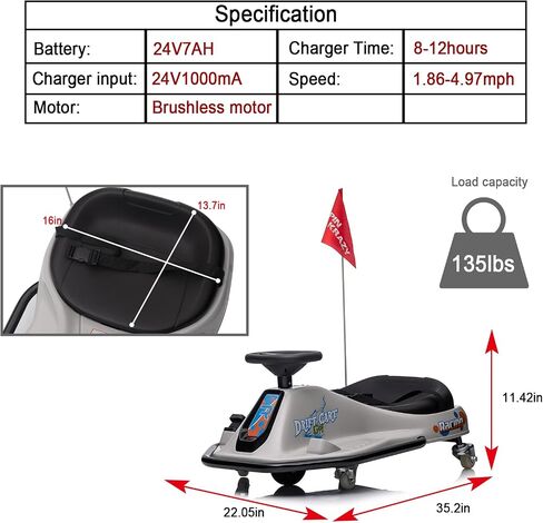Kids Ride on Drift Car, 24V Kids Electric Car with 360°Rotatable Universal Wheels, Off-Road Ride on Toy with Acceleration Pedal, Music, Bluetooth, LED Lights, Flag, Grey in Saudi Arabia