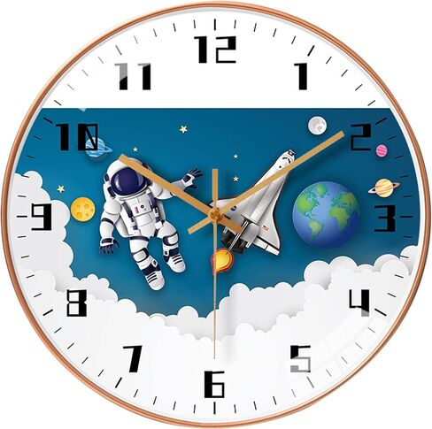 YHan 12 Inch Silent Movement Kids Wall Clock Battery Operated, Non Ticking Children Round Wall Clock, Space Travel Style Decor Children Clock for Home School Boys Bedroom Living Room (Blue) in Saudi Arabia