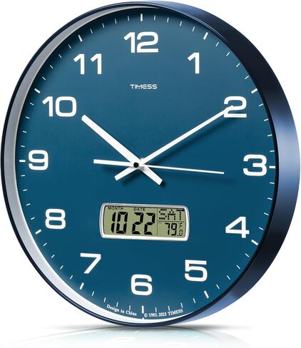 Wall Clock, 14" Large Dial Non-Ticking Silent Battery Operated Analog with LCD Display for Perpetual Calendar and F° Temperature, Ideal Modern Home, Bedroom, Kitchen, Office Decor (Blue) in Saudi Arabia