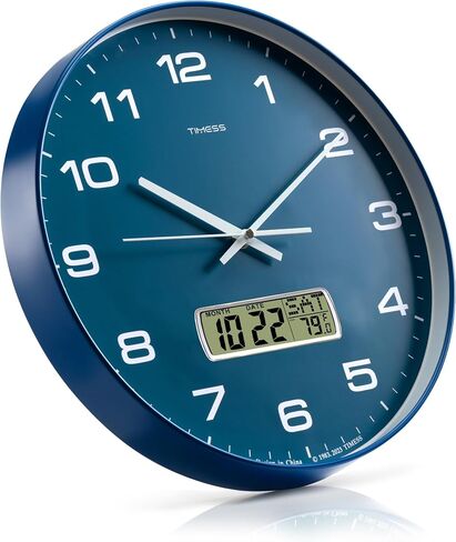 Wall Clock, 14" Large Dial Non-Ticking Silent Battery Operated Analog with LCD Display for Perpetual Calendar and F° Temperature, Ideal Modern Home, Bedroom, Kitchen, Office Decor (Blue) in Saudi Arabia