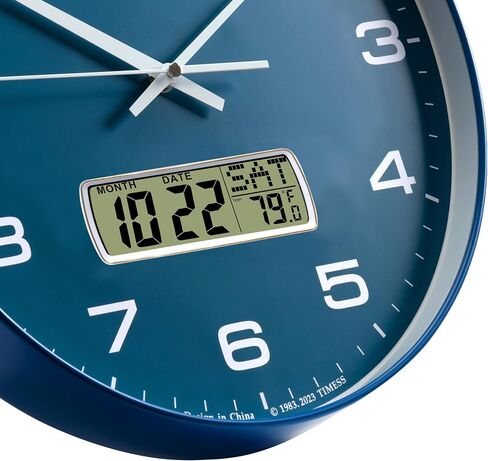 Wall Clock, 14" Large Dial Non-Ticking Silent Battery Operated Analog with LCD Display for Perpetual Calendar and F° Temperature, Ideal Modern Home, Bedroom, Kitchen, Office Decor (Blue) in Saudi Arabia