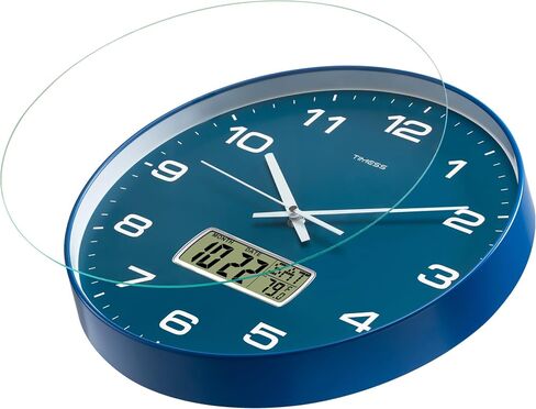 Wall Clock, 14" Large Dial Non-Ticking Silent Battery Operated Analog with LCD Display for Perpetual Calendar and F° Temperature, Ideal Modern Home, Bedroom, Kitchen, Office Decor (Blue) in Saudi Arabia