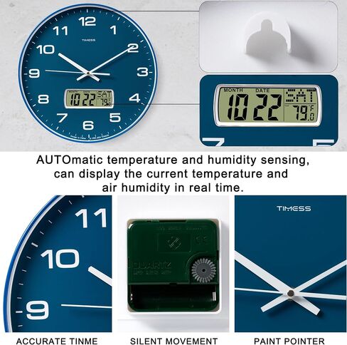 Wall Clock, 14" Large Dial Non-Ticking Silent Battery Operated Analog with LCD Display for Perpetual Calendar and F° Temperature, Ideal Modern Home, Bedroom, Kitchen, Office Decor (Blue) in Saudi Arabia