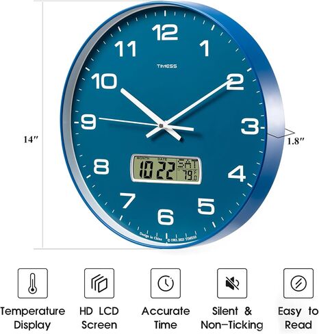 Wall Clock, 14" Large Dial Non-Ticking Silent Battery Operated Analog with LCD Display for Perpetual Calendar and F° Temperature, Ideal Modern Home, Bedroom, Kitchen, Office Decor (Blue) in Saudi Arabia