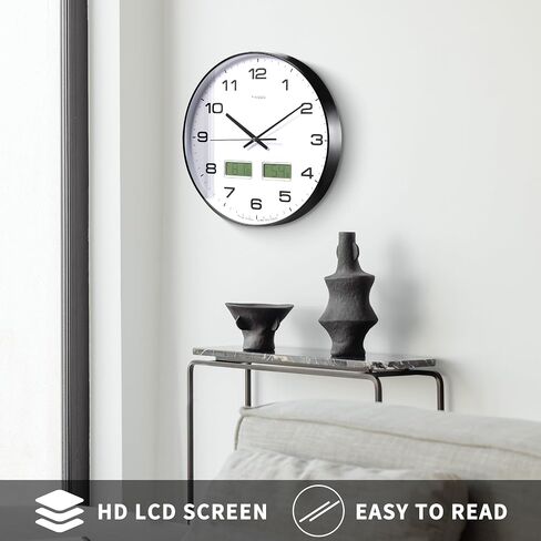Wall Clock, 14" Large Dial Non-Ticking Silent Battery Operated Analog with LCD Display for Perpetual Calendar and F° Temperature, Ideal Modern Home, Bedroom, Kitchen, Office Decor (Blue) in Saudi Arabia