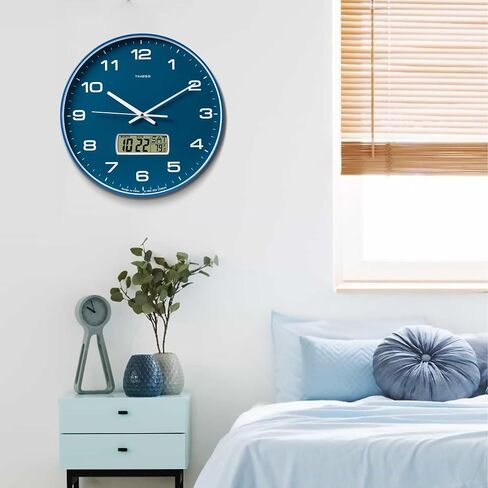 Wall Clock, 14" Large Dial Non-Ticking Silent Battery Operated Analog with LCD Display for Perpetual Calendar and F° Temperature, Ideal Modern Home, Bedroom, Kitchen, Office Decor (Blue) in Saudi Arabia