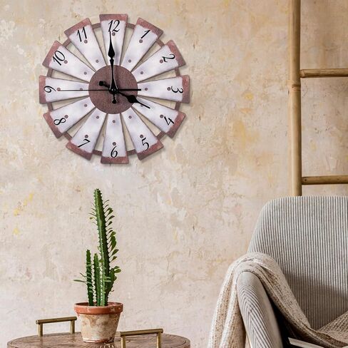 Nosiny 12 بوصة طاحونة هوائية المتعثرة ساعة حائط خشبية ريترو ريفي ديكور ساعة صامتة غير موقوتة تعمل بالبطارية ساعة مزرعة ريفي جدار ديكور للمطبخ غرفة المعيشة المنزل غرفة نوم مكتب in Kuwait