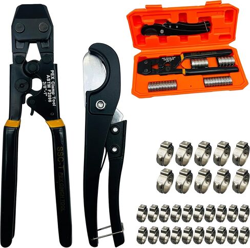 PEX Pipe Clamp Cinch Tool Crimping Tool Crimper for Stainless Steel Clamps from 3/8-inch to 1-inch with 1/2-inch 10PCS and 3/4-inch 10PCS SS PEX Clamps in Saudi Arabia