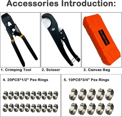 PEX Pipe Clamp Cinch Tool Crimping Tool Crimper for Stainless Steel Clamps from 3/8-inch to 1-inch with 1/2-inch 10PCS and 3/4-inch 10PCS SS PEX Clamps in Saudi Arabia