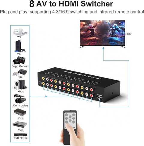 محول Dacimora 8 منافذ RCA إلى HDMI، محول AV إلى HDMI، محول مركب إلى HDMI يدعم 1080P@60 هرتز متوافق مع Xbox/Sega/PS1/PS2/N64/VHS in Kuwait