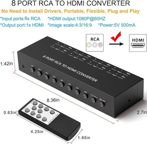 محول Dacimora 8 منافذ RCA إلى HDMI، محول AV إلى HDMI، محول مركب إلى HDMI يدعم 1080P@60 هرتز متوافق مع Xbox/Sega/PS1/PS2/N64/VHS in Kuwait