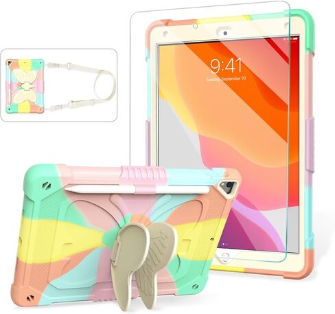 حافظة لجهاز iPad 9th 8th 7th Generation مقاس 10.2 بوصة مع واقي شاشة، ومسند فراشة، وحزام كتف، وحامل قلم رصاص، وغطاء متين لطيف للأطفال البنات لجهاز iPad 2021 2020 2019 أرجواني in Kuwait