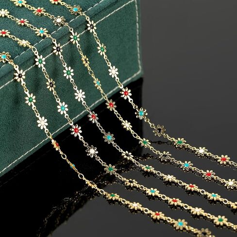YOUBEIYEE 13 Feet Gold Plated Brass Chain for Jewelry Making, Colorful Enamel Daisy Chain Flower Necklace Bracelet DIY Jewelry Supplies Findings in Saudi Arabia