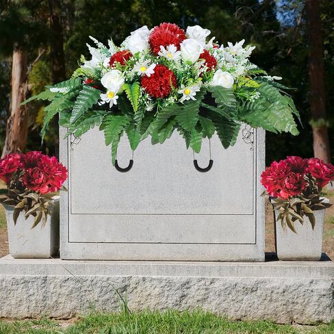 Artificial Cemetery Flowers Outdoor Grave Saddle Headstone Decorations Daisy Rose Grave Saddle Decoration for Memorial Day Flowers (Classic) in Saudi Arabia