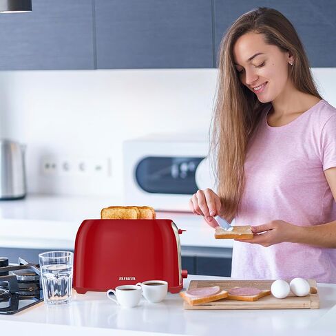 محمصة خبز أيوا، شريحتين بفتحة واسعة، وظيفة إعادة التسخين وإذابة الجليد، 6 إعدادات للتحمير، صينية فتات الخبز المنسدلة، أحمر in Kuwait