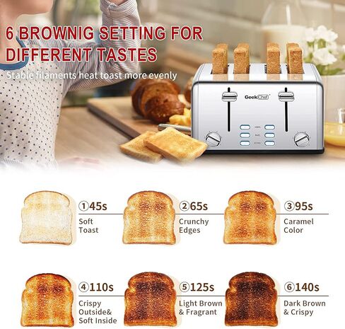Geek Chef Toaster 4 Slice, with Extra Wide Slots, 6 Toast Shade Settings, Stainless Steel Toaster in Saudi Arabia