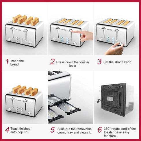 Geek Chef Toaster 4 Slice, with Extra Wide Slots, 6 Toast Shade Settings, Stainless Steel Toaster in Saudi Arabia