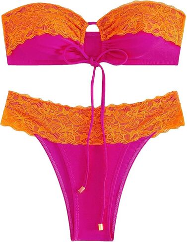WDIRARA Women's 2 Piece Cut Out Contrast Lace Colorblock Bandeau Swimwear Set Wireless Bra & Bikini Swimsuit Sets in Saudi Arabia