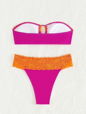 WDIRARA Women's 2 Piece Cut Out Contrast Lace Colorblock Bandeau Swimwear Set Wireless Bra & Bikini Swimsuit Sets in Saudi Arabia