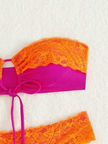 WDIRARA Women's 2 Piece Cut Out Contrast Lace Colorblock Bandeau Swimwear Set Wireless Bra & Bikini Swimsuit Sets in Saudi Arabia