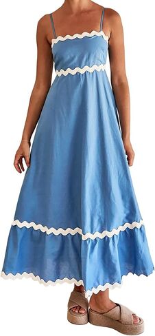 FEAPHY Women's 2024 Summer Boho Spaghetti Strap Sleeveless Rickrack Trim Flowy A-Line Cami Maxi Dress Sundress in Saudi Arabia
