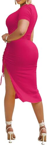 Vamoitya Women’s Sexy Slit Bodycon Dress Drawstring Crew Neck Short Sleeve Ruched Club Party Midi Dress in Saudi Arabia