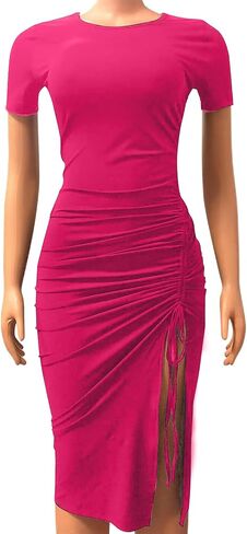 Vamoitya Women’s Sexy Slit Bodycon Dress Drawstring Crew Neck Short Sleeve Ruched Club Party Midi Dress in Saudi Arabia