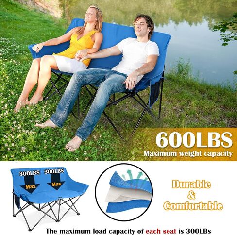 HaSteeL Folding Camping Chair, Portable Double Outdoor Loveseat for 2 Adults Person, Durable Foldable Collapsible Chairs for Camp Patio Picnic Beach Travel, Support 600Lbs, for Women & Men, Black in Saudi Arabia