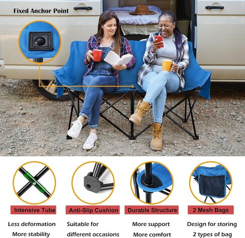 HaSteeL Folding Camping Chair, Portable Double Outdoor Loveseat for 2 Adults Person, Durable Foldable Collapsible Chairs for Camp Patio Picnic Beach Travel, Support 600Lbs, for Women & Men, Black in Saudi Arabia