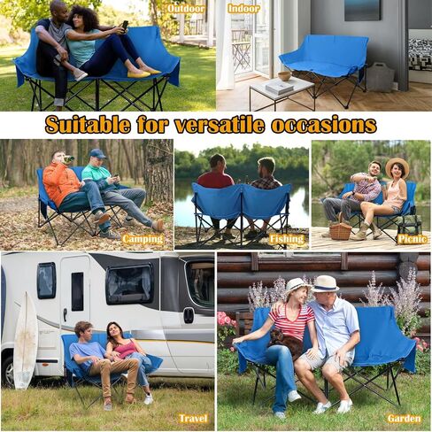 HaSteeL Folding Camping Chair, Portable Double Outdoor Loveseat for 2 Adults Person, Durable Foldable Collapsible Chairs for Camp Patio Picnic Beach Travel, Support 600Lbs, for Women & Men, Black in Saudi Arabia