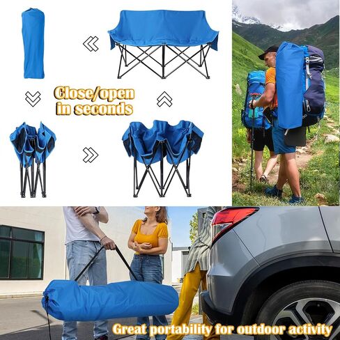 HaSteeL Folding Camping Chair, Portable Double Outdoor Loveseat for 2 Adults Person, Durable Foldable Collapsible Chairs for Camp Patio Picnic Beach Travel, Support 600Lbs, for Women & Men, Black in Saudi Arabia