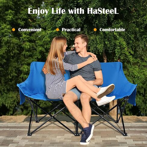 HaSteeL Folding Camping Chair, Portable Double Outdoor Loveseat for 2 Adults Person, Durable Foldable Collapsible Chairs for Camp Patio Picnic Beach Travel, Support 600Lbs, for Women & Men, Black in Saudi Arabia