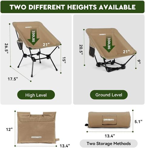 كرسي تخييم خفيف الوزن من Oragati، كرسي ظهر في اتجاهين عالي أو منخفض، كراسي تخييم محمولة قابلة للطي تصميم مدمج للخارج، الشاطئ، المشي لمسافات طويلة، نزهة، أسود in Kuwait