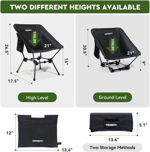 Lightweight Camping Chair, 2-Way Backpacking Chair High or Low Profile, Portable Folding Camp Chairs Compact Design for Outdoor, Beach, Hiking, Picnic, Black in Saudi Arabia
