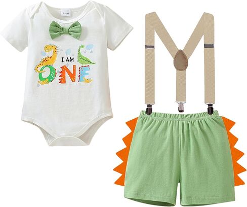 WOLBAY First Birthday Outfit Boy Wild One Birthday Decorations Birthday Crown Hat Baby Bow Tie Romper Onesie Bib Overall (Dinosaur-Green, 12-18 Months) in Saudi Arabia