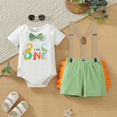 WOLBAY أول عيد ميلاد الزي الصبي البرية زينة عيد ميلاد واحد عيد ميلاد تاج قبعة الطفل القوس التعادل رومبير نيسيي مريلة عموما (ديناصور الأخضر، 12-18 شهرا) in Kuwait