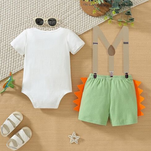 WOLBAY أول عيد ميلاد الزي الصبي البرية زينة عيد ميلاد واحد عيد ميلاد تاج قبعة الطفل القوس التعادل رومبير نيسيي مريلة عموما (ديناصور الأخضر، 12-18 شهرا) in Kuwait